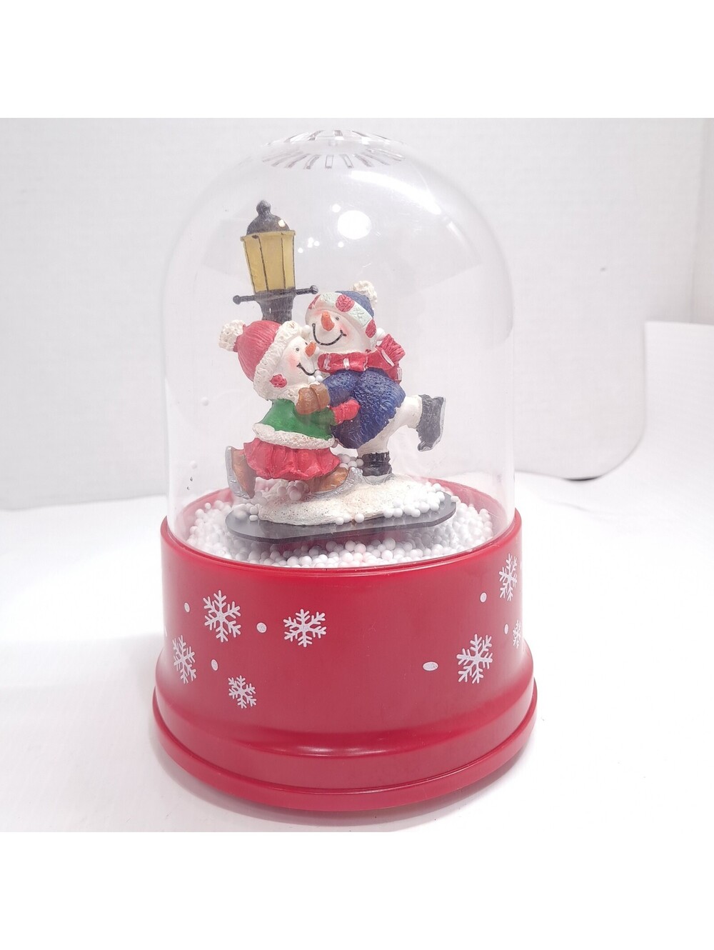 Snow dome snowman ice skating globe snowglobe plastic blows music red plastic